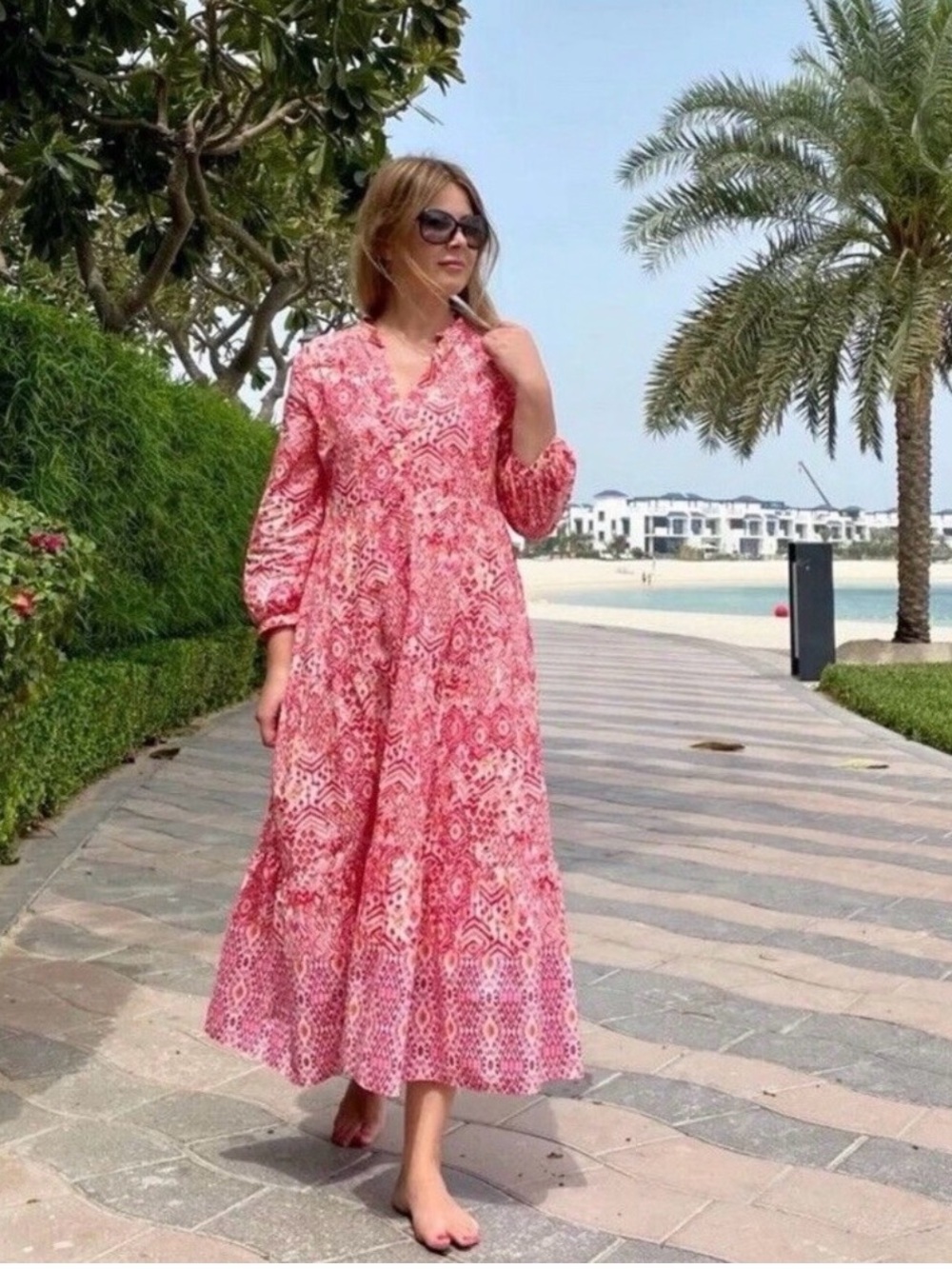 Zara Women's Pink Printed Maxi Dress - Elegant V-Neck Long Sleeve size s